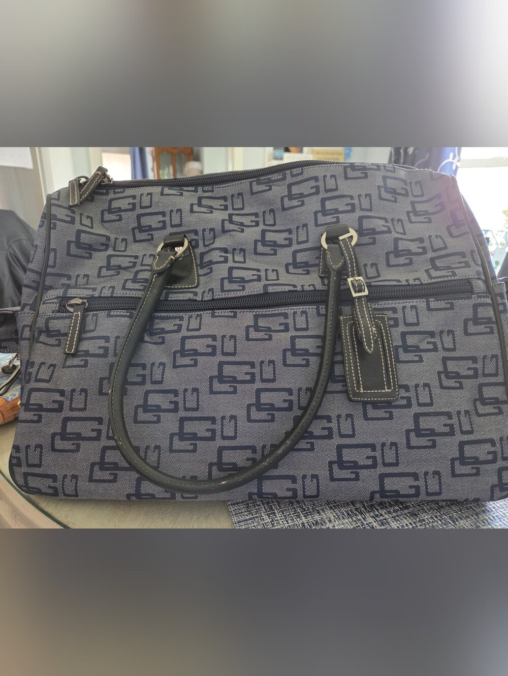 GUESS Navy Patterned Canvas Tote Bag with Black Trim